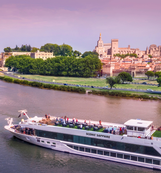 An elegant river cruise boat navigates the tranquil river, offering a picturesque view of the surroundings.