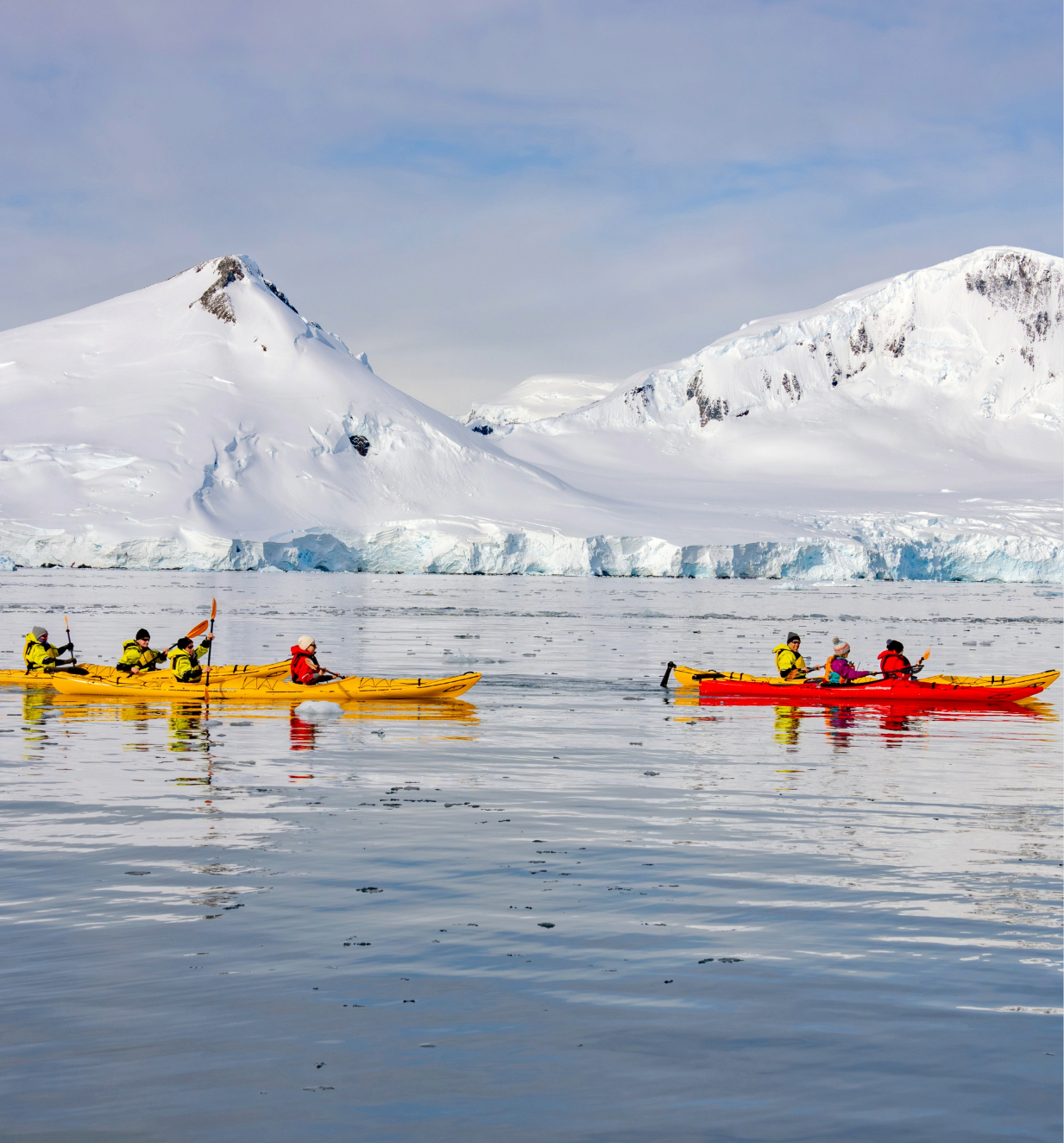 Individuals kayaking through Borgen Bay Antarctica surrounded by walls of ice.