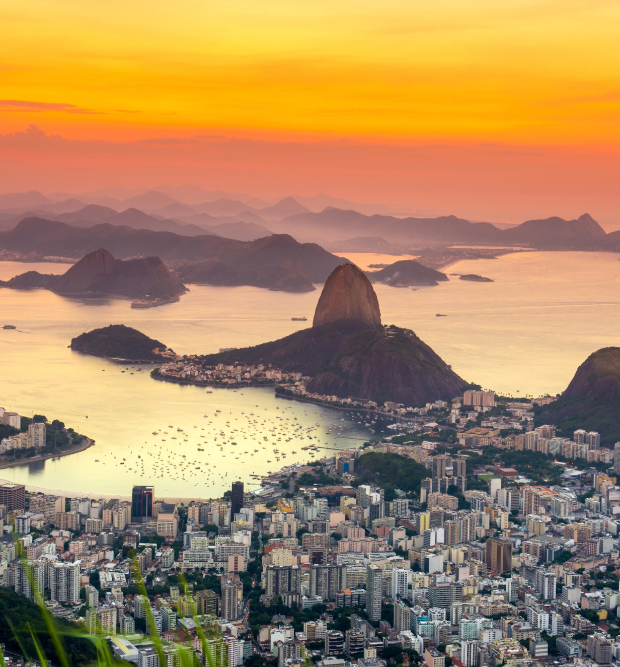 An arial view of Rio de Janeiro at sunset.