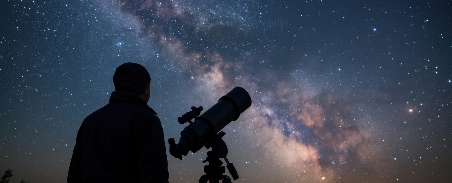A shadowed figure admiring the view of a night sky scattered with stars, stood next to a large telescope.