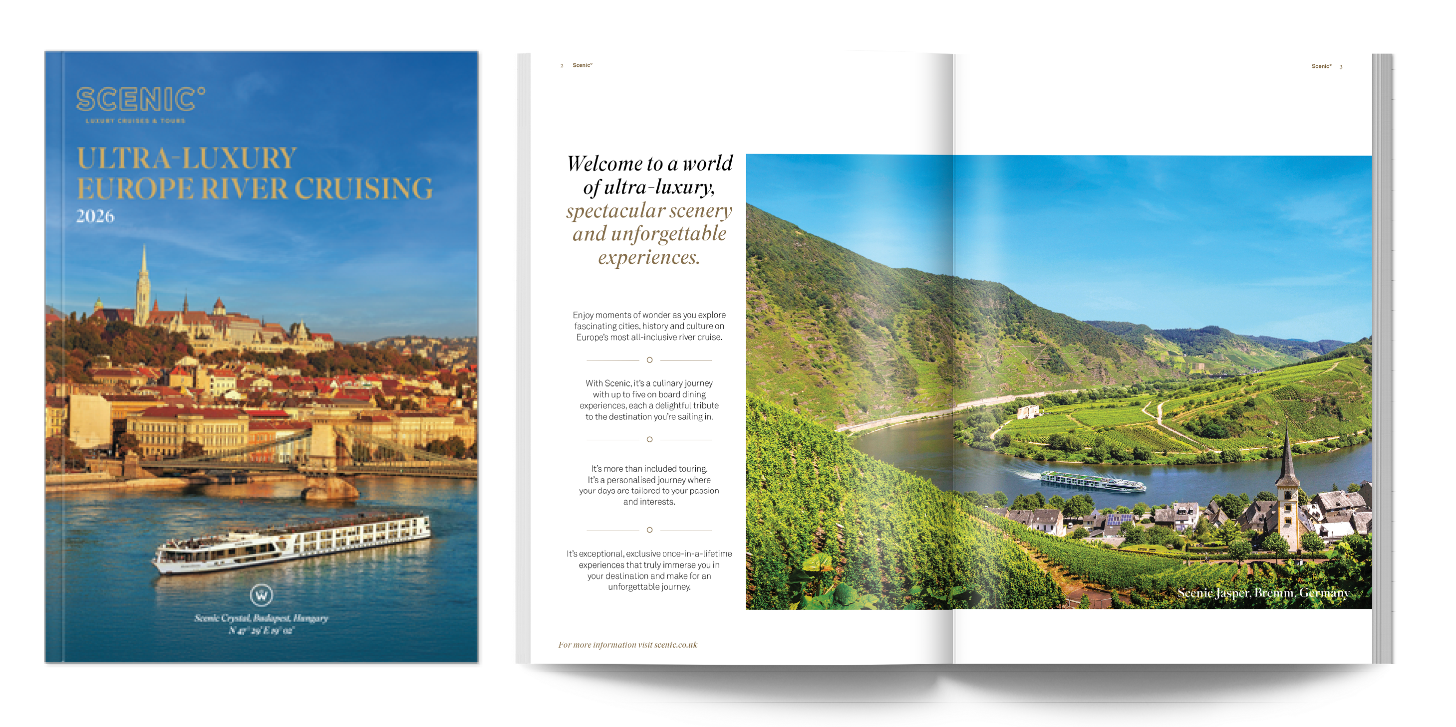 Scenic European River Cruising 2026 brochure featuring an open page spread. 