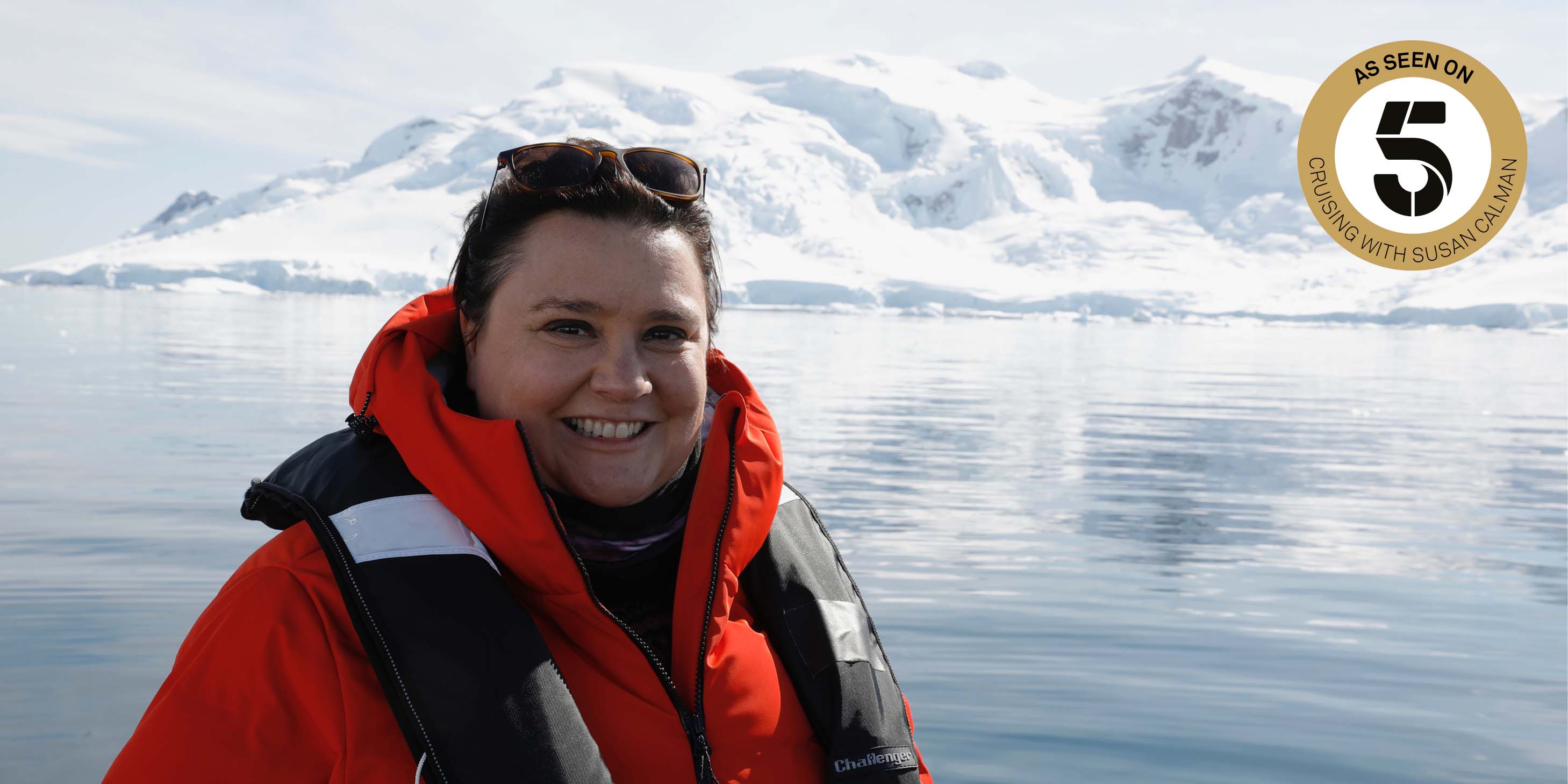 snapshot of Scottish comedian, television presenter, writer and panellist Susan Calman wearing a life vest in Antarctica