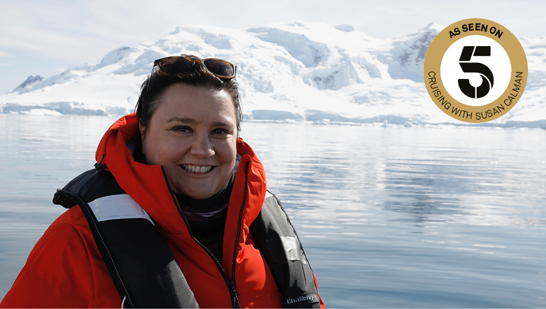 snapshot of Scottish comedian, television presenter, writer and panellist Susan Calman wearing a life vest in Antarctica