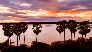 A river ship cruising the Mekong in the sunset with palm trees in the foreground