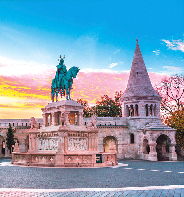 the fishermans bastion in Budapest at sunset