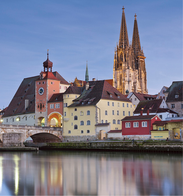 Regensburg cathedral surrounded by pastel coloured buildings and the river in front 