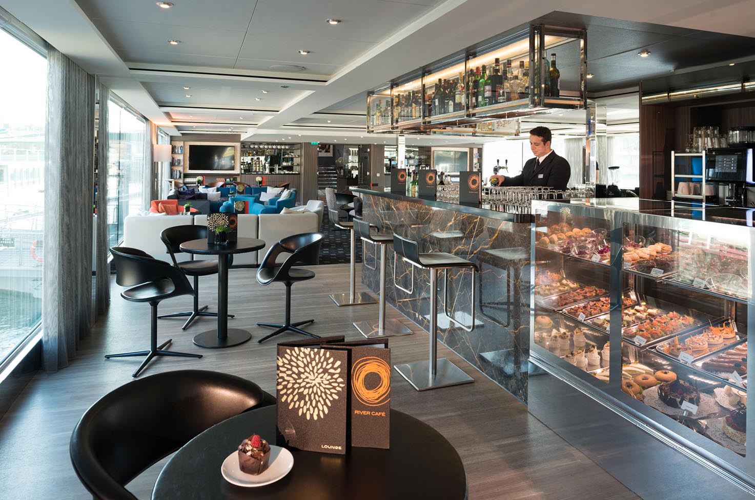 cafe inside a luxury river cruise ship