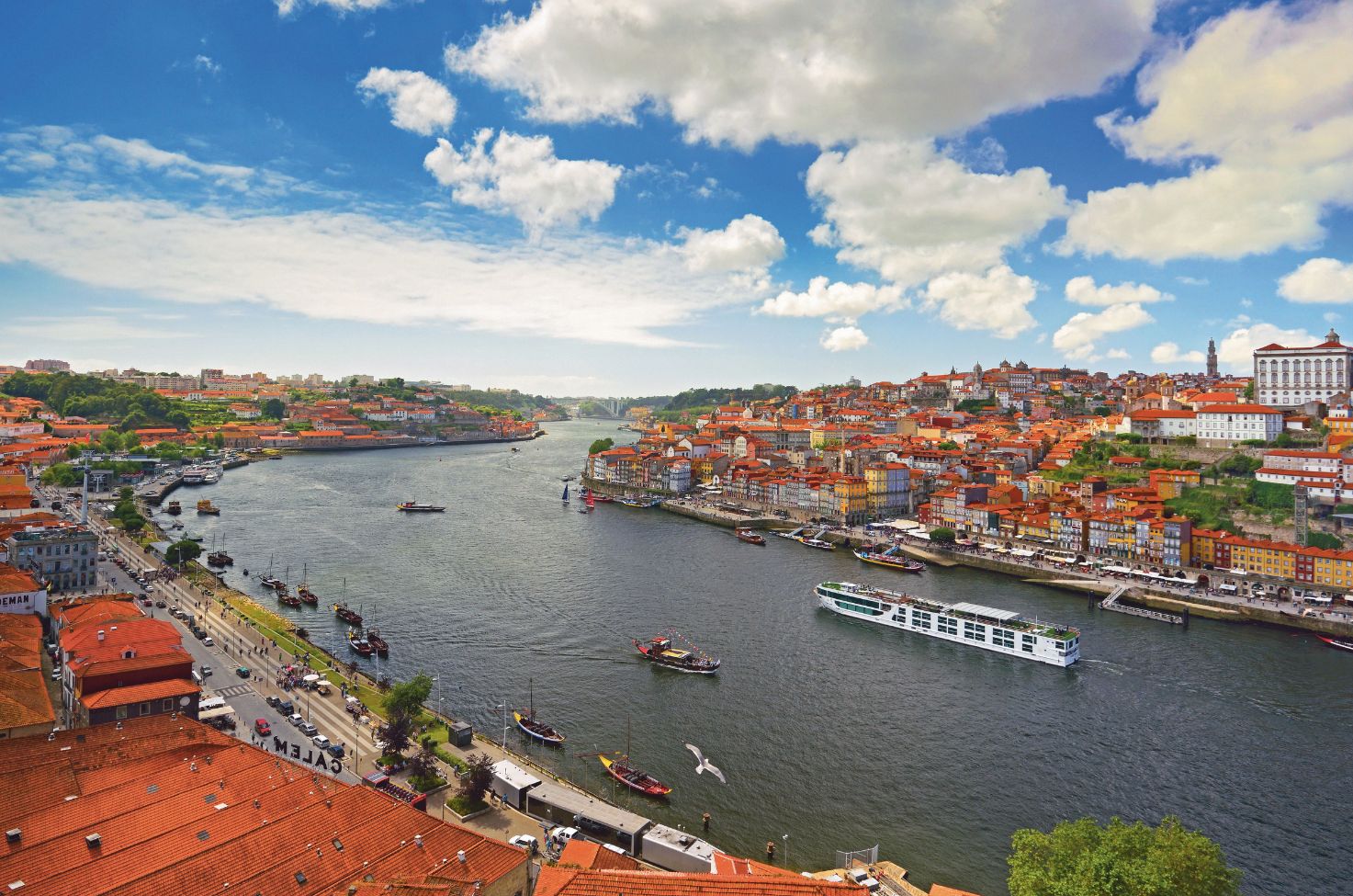 river cruise ship sailing down the douro river in Porto, Portugal
